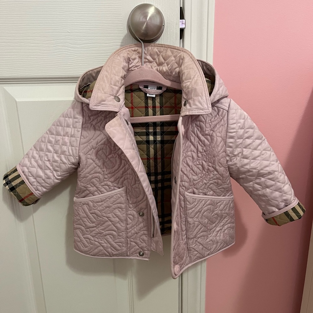 Pink Burberry baby hooded jacket size 12 mos
